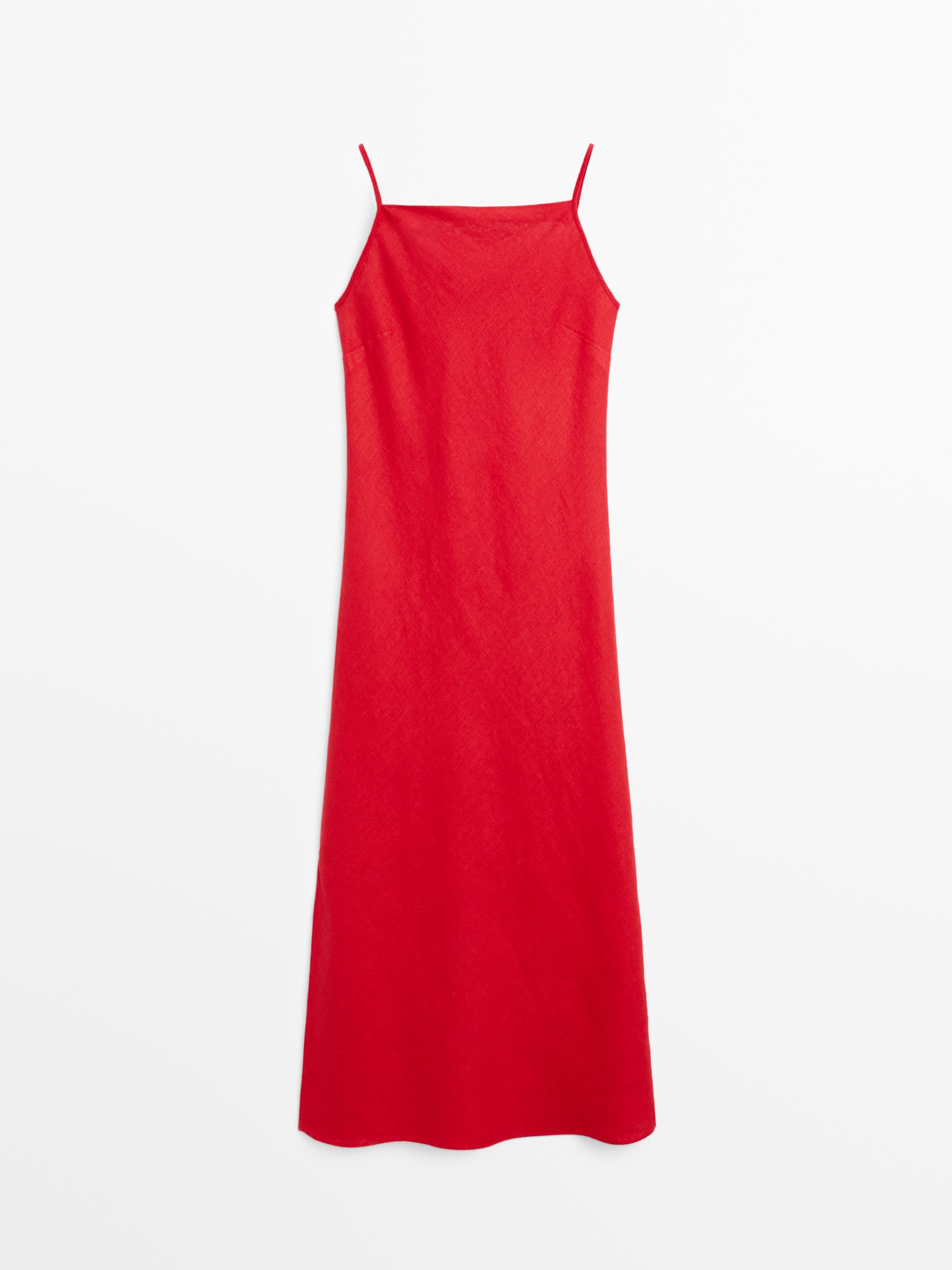 Linen midi dress with straight neckline